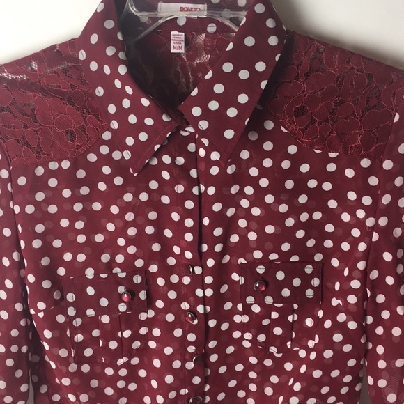 Bongo Blouse Crop Sheer Burgundy M Polka Dots * - Picture 5 of 7